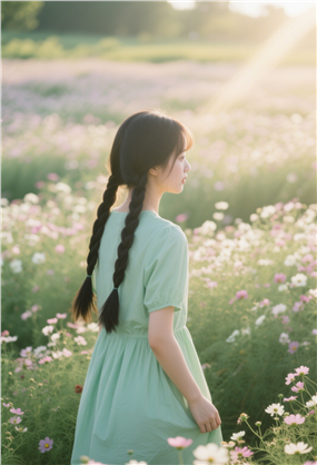 夏日阳光花海美女背影写真图片